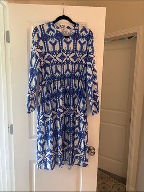 Sunday Blue and White Long Sleeve Geometric Midi Dress